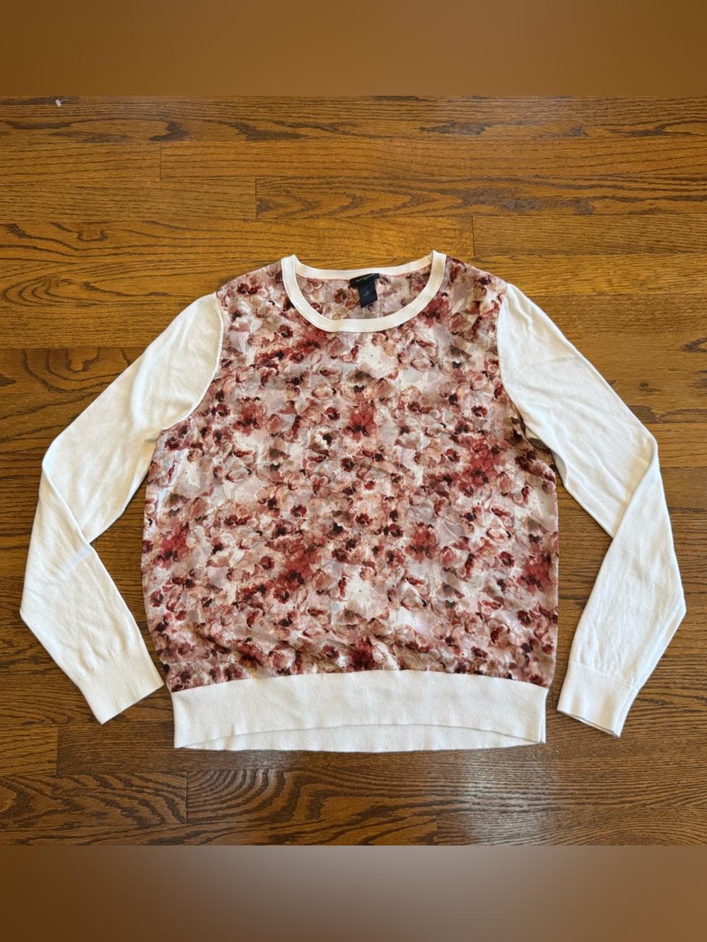 Ann Taylor Sheer Floral Knit Ivory Crew Neck Long Sleeve Pullover Sweater M